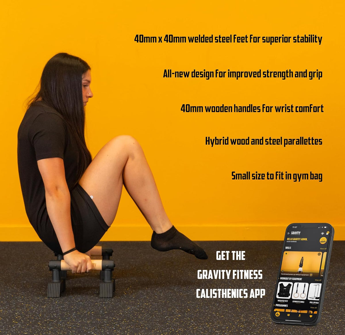 Gravity Fitness Parallettes with Wooden Handles, Stable Portable Calisthenics Bars for Strength Training, Gymnastics & Home Gym
