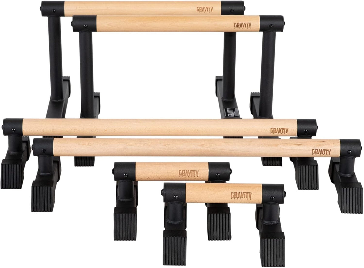 Gravity Fitness Parallettes with Wooden Handles, Stable Portable Calisthenics Bars for Strength Training, Gymnastics & Home Gym