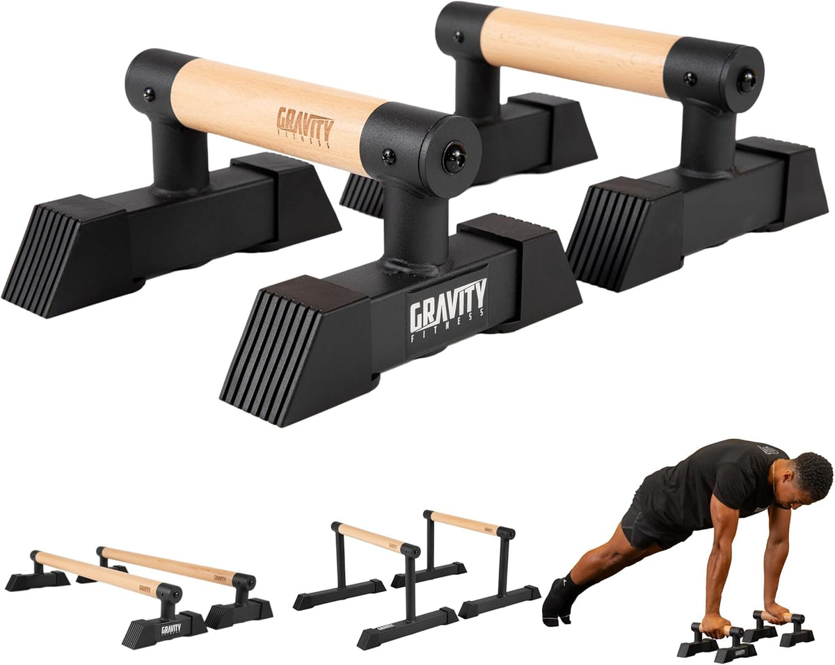 Gravity Fitness Parallettes with Wooden Handles, Stable Portable Calisthenics Bars for Strength Training, Gymnastics & Home Gym