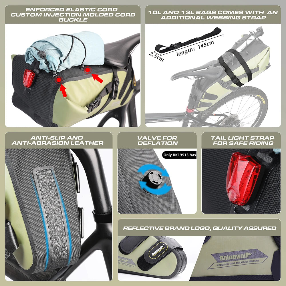 Rhinowalk Bike Saddle Bag – Waterproof 5–13L Expandable Rear Rack Bag with Reflective Details