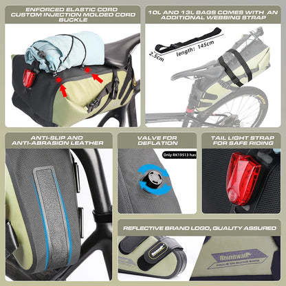 Rhinowalk Bike Saddle Bag – Waterproof 5–13L Expandable Rear Rack Bag with Reflective Details