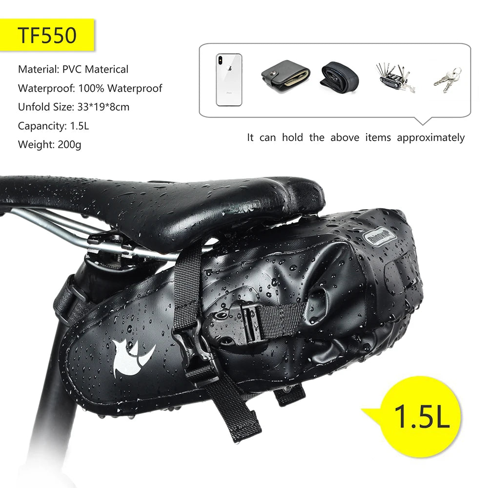Rhinowalk Bike Saddle Bag – Waterproof 5–13L Expandable Rear Rack Bag with Reflective Details