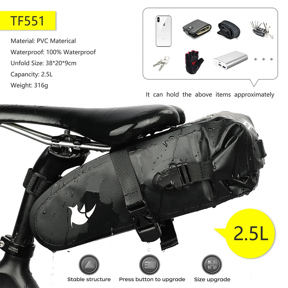 Rhinowalk Bike Saddle Bag – Waterproof 5–13L Expandable Rear Rack Bag with Reflective Details