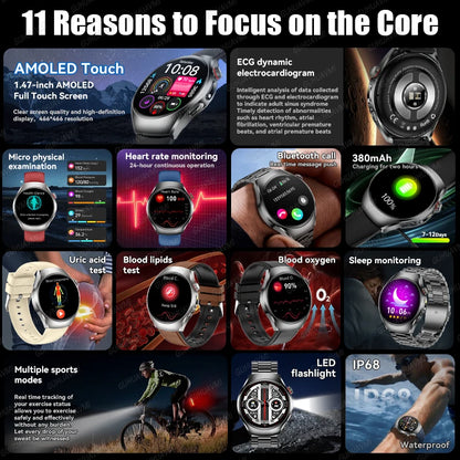 GUHUAVMI AI Smartwatch, 1.47" AMOLED Fitness Watch with ECG & PPG Monitoring, Blood Pressure Tracking, Smart Health Features for Men & Women