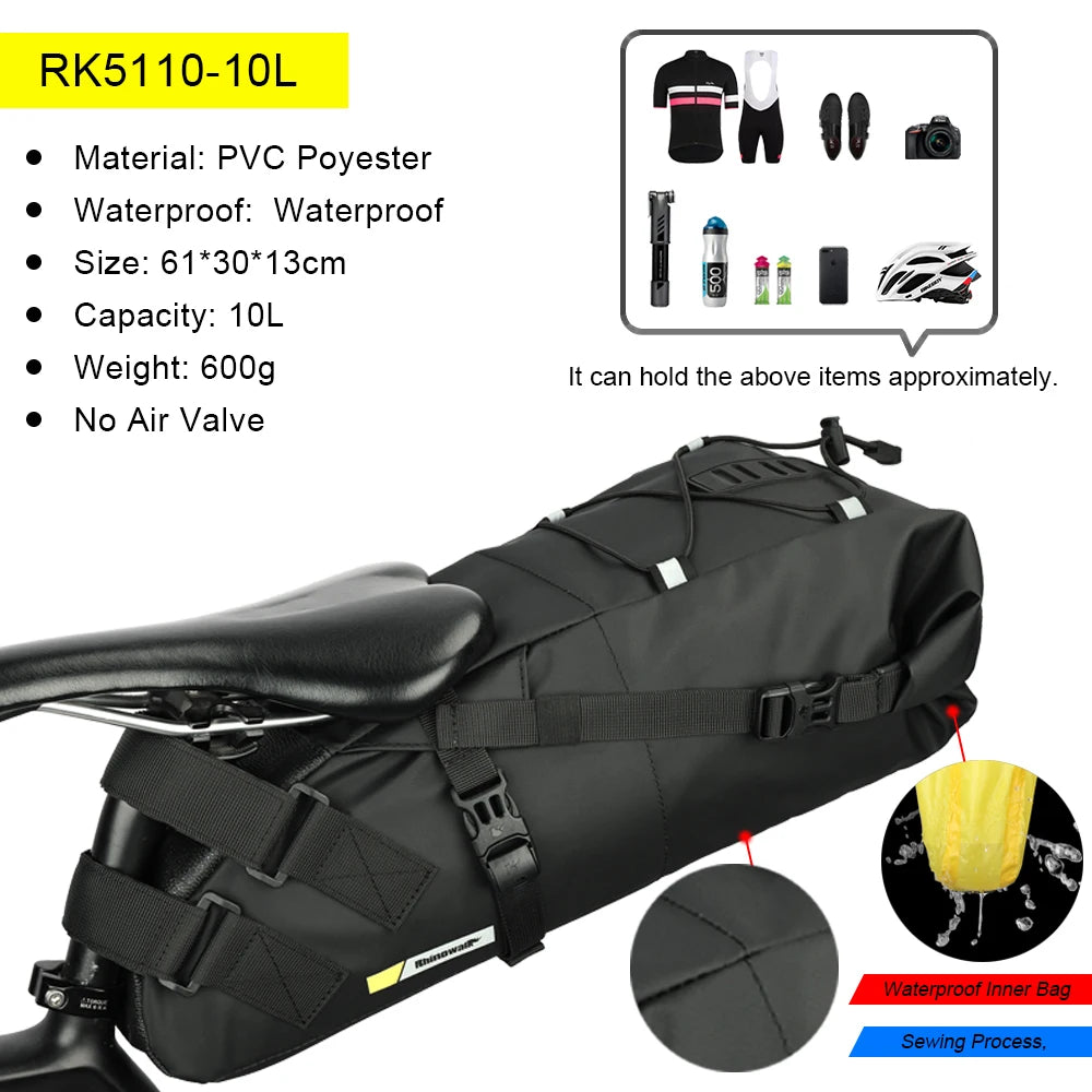 Rhinowalk Bike Saddle Bag – Waterproof 5–13L Expandable Rear Rack Bag with Reflective Details