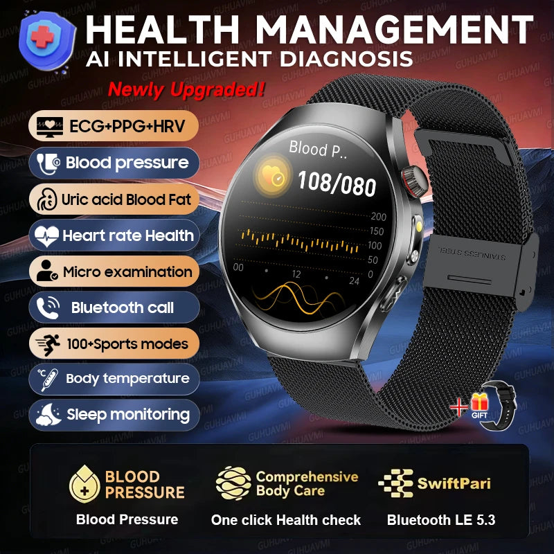 GUHUAVMI AI Smartwatch, 1.47" AMOLED Fitness Watch with ECG & PPG Monitoring, Blood Pressure Tracking, Smart Health Features for Men & Women