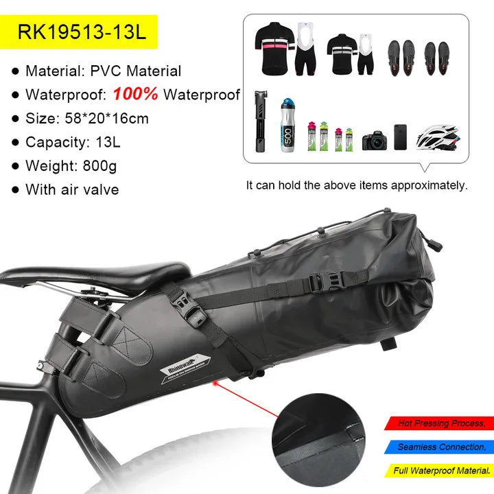 Rhinowalk Bike Saddle Bag – Waterproof 5–13L Expandable Rear Rack Bag with Reflective Details