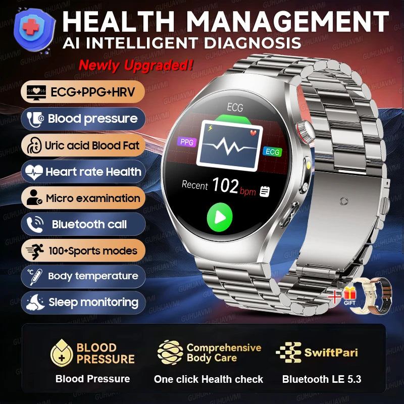 GUHUAVMI AI Smartwatch, 1.47" AMOLED Fitness Watch with ECG & PPG Monitoring, Blood Pressure Tracking, Smart Health Features for Men & Women