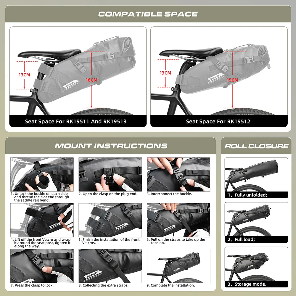 Rhinowalk Bike Saddle Bag – Waterproof 5–13L Expandable Rear Rack Bag with Reflective Details