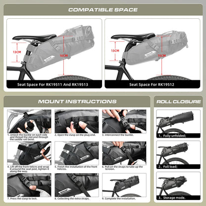 Rhinowalk Bike Saddle Bag – Waterproof 5–13L Expandable Rear Rack Bag with Reflective Details