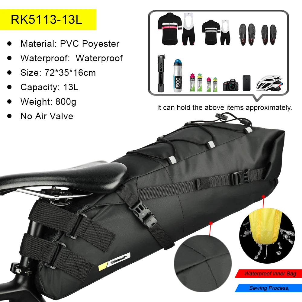 Rhinowalk Bike Saddle Bag – Waterproof 5–13L Expandable Rear Rack Bag with Reflective Details