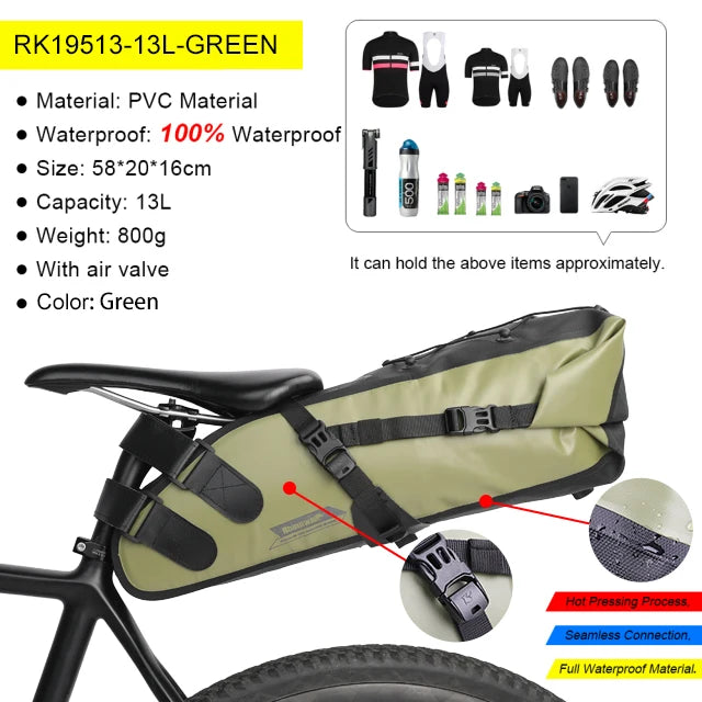 Rhinowalk Bike Saddle Bag – Waterproof 5–13L Expandable Rear Rack Bag with Reflective Details