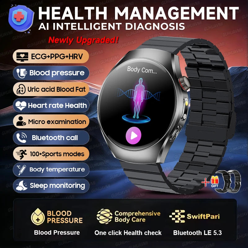 GUHUAVMI AI Smartwatch, 1.47" AMOLED Fitness Watch with ECG & PPG Monitoring, Blood Pressure Tracking, Smart Health Features for Men & Women