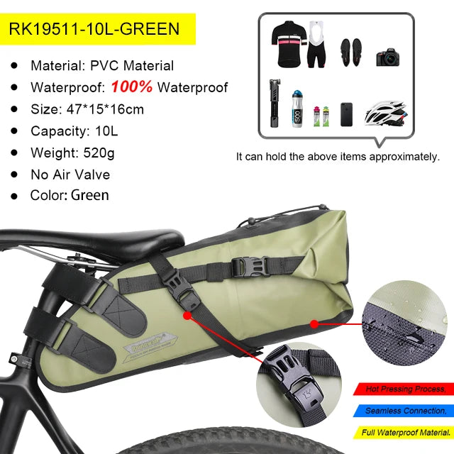 Rhinowalk Bike Saddle Bag – Waterproof 5–13L Expandable Rear Rack Bag with Reflective Details