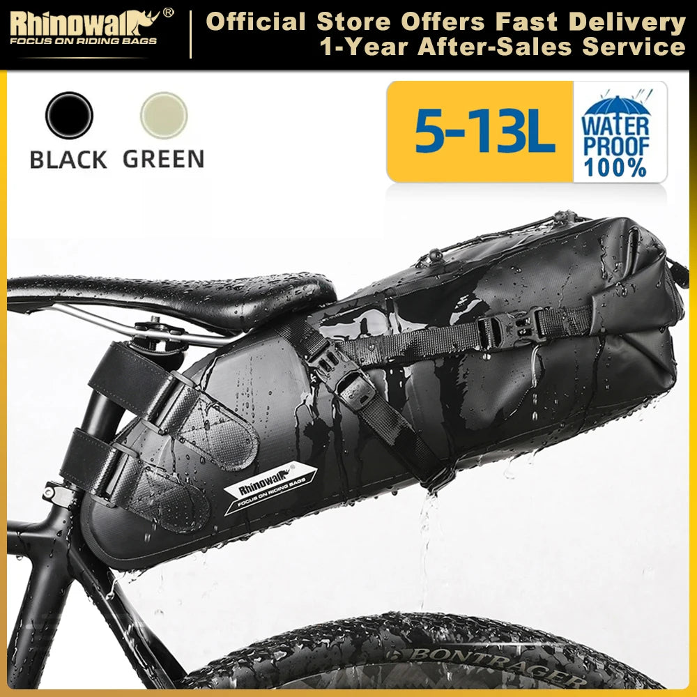 Rhinowalk Bike Saddle Bag – Waterproof 5–13L Expandable Rear Rack Bag with Reflective Details