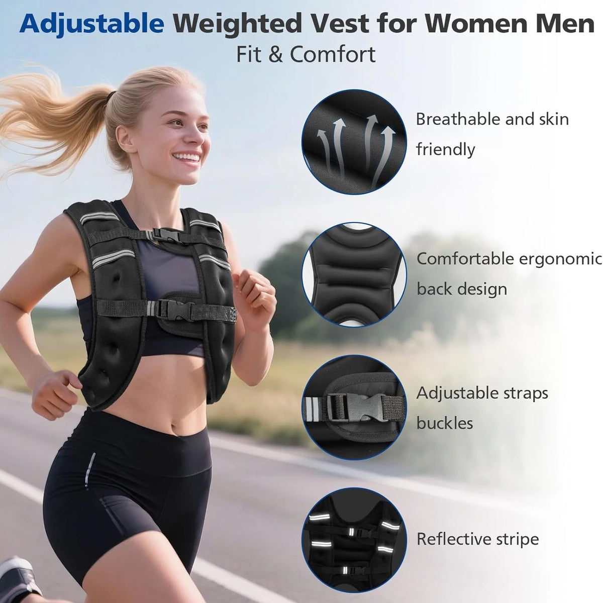 Weighted Vest with Reflective Stripes – Adjustable Workout & Strength Training Vest for Running, Fitness & Exercise