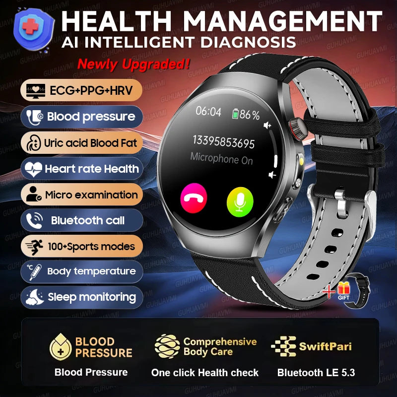 GUHUAVMI AI Smartwatch, 1.47" AMOLED Fitness Watch with ECG & PPG Monitoring, Blood Pressure Tracking, Smart Health Features for Men & Women