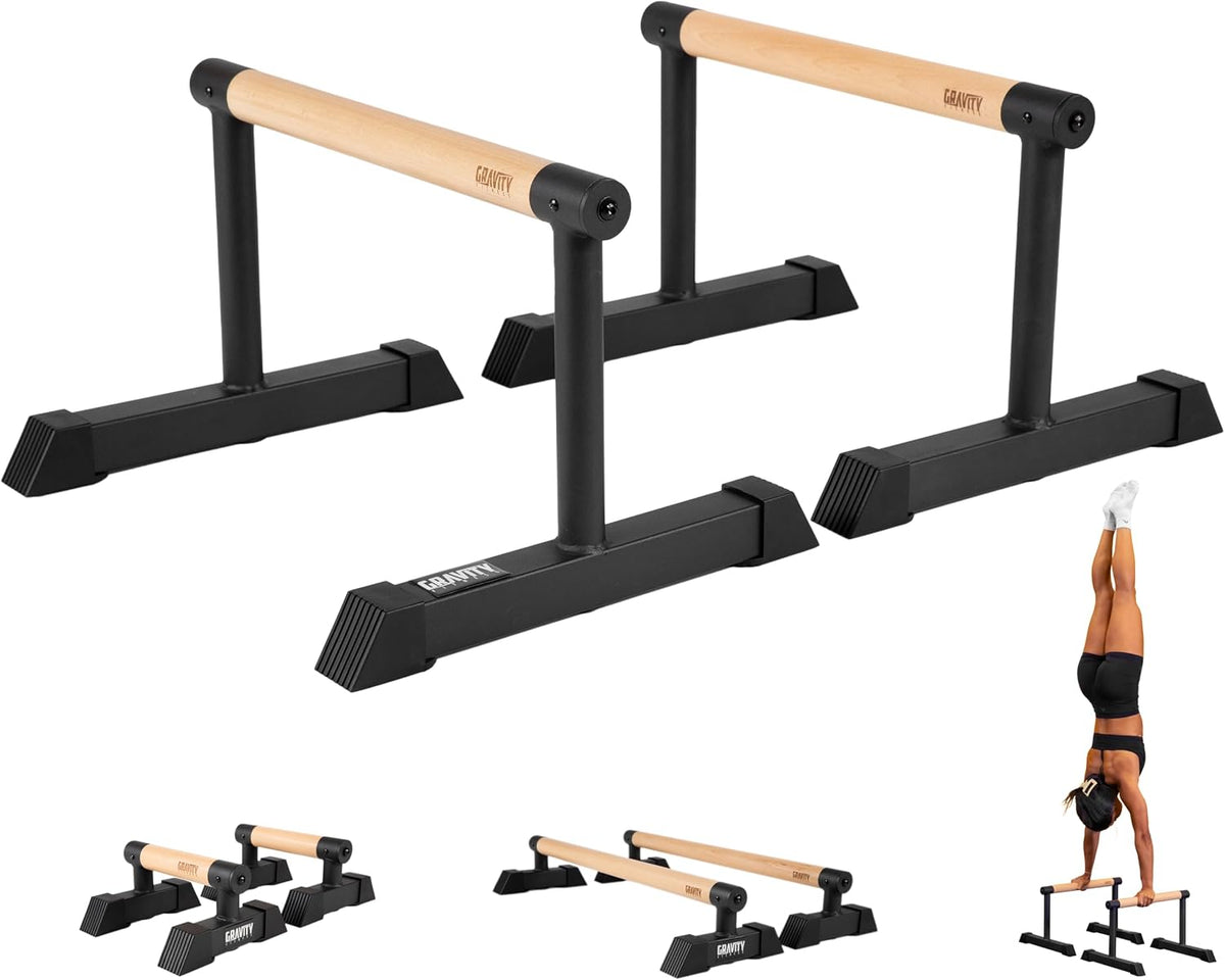 Gravity Fitness Parallettes with Wooden Handles, Stable Portable Calisthenics Bars for Strength Training, Gymnastics & Home Gym