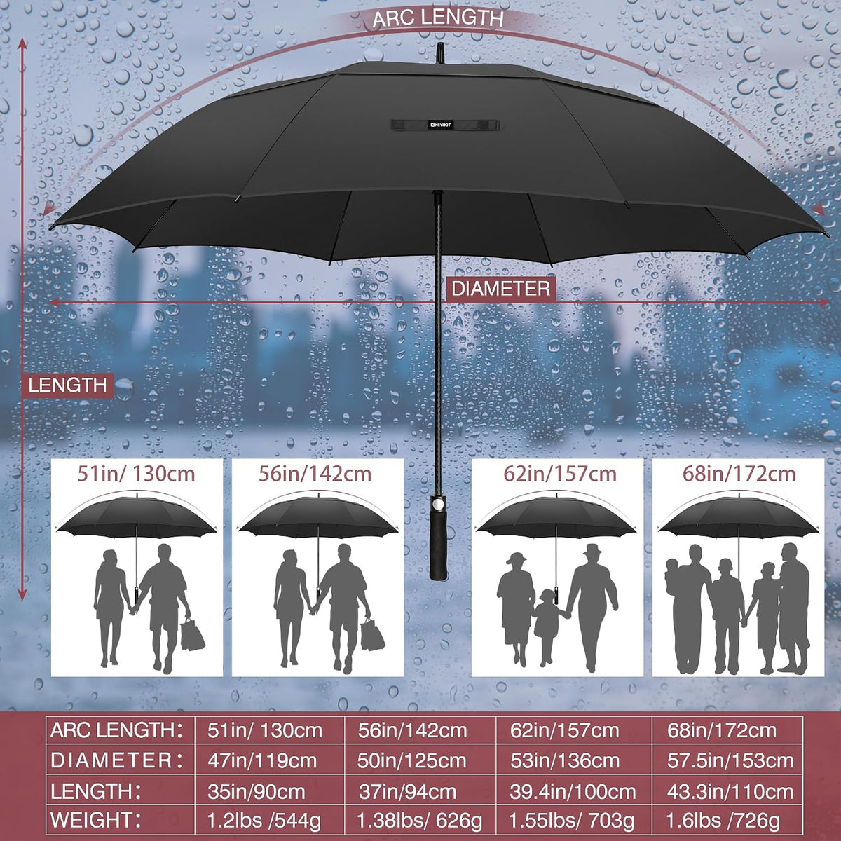Large Golf Umbrella, Windproof Double-Canopy Automatic Open, Vented Strong Design, 51/56/62/68 Inch, for Golf & Outdoor Use