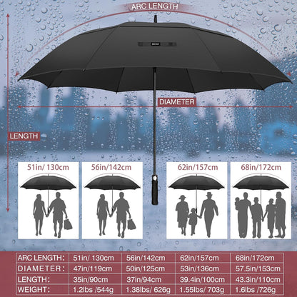 Large Golf Umbrella, Windproof Double-Canopy Automatic Open, Vented Strong Design, 51/56/62/68 Inch, for Golf & Outdoor Use
